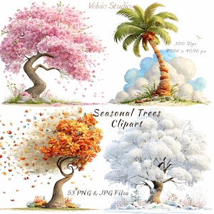 Può includere: Set di clipart digitali con quattro alberi stagionali: un albero di fiori di ciliegio, una palma, un albero con foglie autunnali e un albero innevato. L'immagine include il testo "Seasonal Trees Clipart" e "53 PNG & JPG Files".