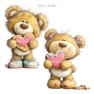 May include: Two cartoon teddy bears holding heart-shaped cookies. The bears have light brown fur, rosy cheeks, and wear shoes. The cookies are decorated with pink frosting. One bear has flowers on its head.