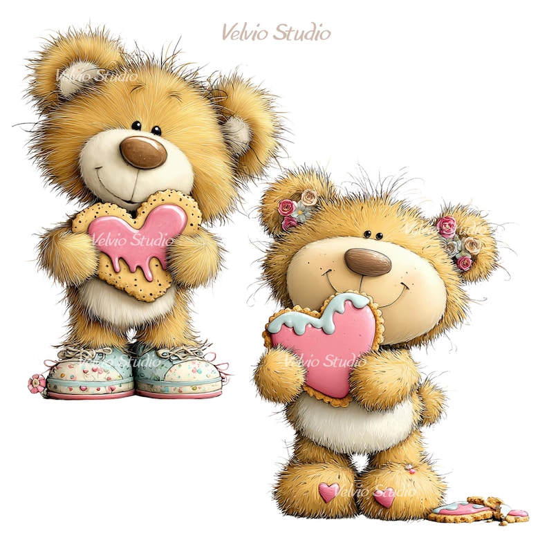 May include: Two cartoon teddy bears holding heart-shaped cookies. The bears have light brown fur, rosy cheeks, and wear shoes. The cookies are decorated with pink frosting. One bear has flowers on its head.