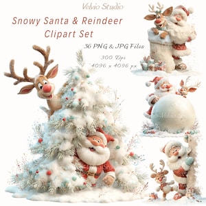 Può includere: Un set di clipart digitali con Babbo Natale e renne in una scena invernale innevata. Il set include più immagini di Babbo Natale e renne con un albero di Natale innevato e altri elementi festivi. Il testo sull'immagine recita "Snowy Santa & Reindeer Clipart Set".