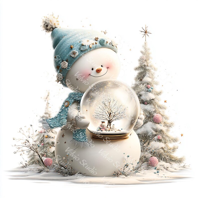 Puede incluir: Un mu&ntilde;eco de nieve sonriente con gorro y bufanda azules sostiene un globo de nieve con una escena invernal. El mu&ntilde;eco de nieve tiene una nariz de zanahoria y mejillas rosadas. Dos &aacute;rboles de Navidad cubiertos de nieve est&aacute;n al fondo.