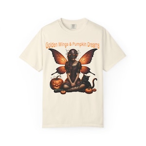 Fairy-Golden Wings & Pumpkin Dreams T-Shirt, Halloween Tee, Fairy Shirt, Fall Apparel, Unisex T-Shirt, Spooky Season Outfit