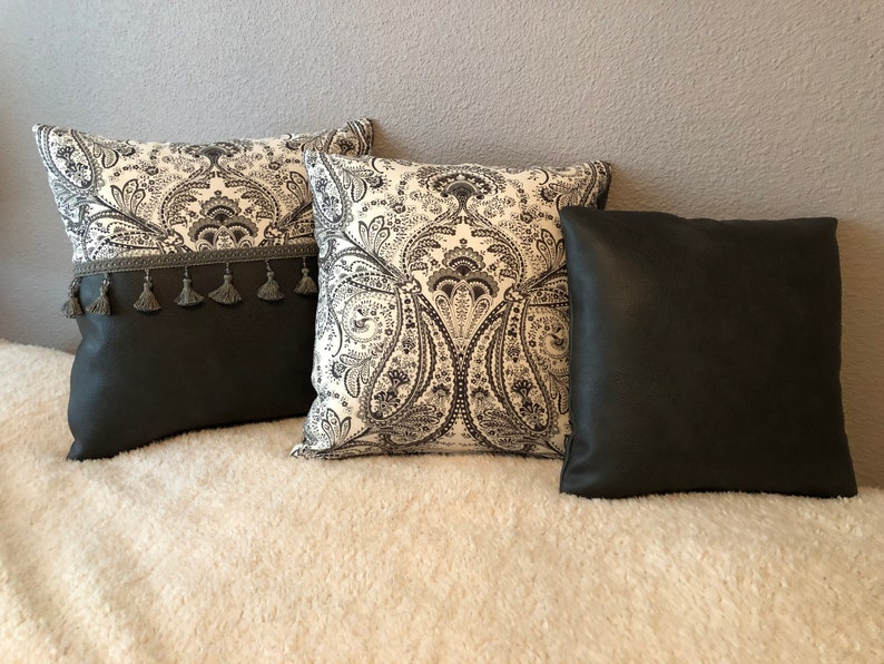custom handmade one-of-a-kind leather motif throw pillows faux leather pillow fancy living room pillows with inserts set of 3