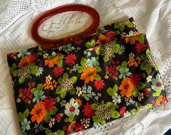 Bolso de mano vintage floral expandible con asas de lucita, estilo cottagecore retro plegable, bolso shopper bohemio de los años 60 y 70.