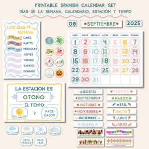May include: Printable Spanish calendar set with the days of the week, calendar, season, and time. Includes a calendar for September 2025, weather icons, and seasonal labels. Features the text "Otoño" (Autumn).