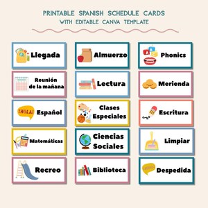 May include: A set of printable Spanish schedule cards with an editable Canva template. The cards feature colorful icons and text labels including Llegada, Almuerzo, Phonics, Reunión de la mañana, Lectura, Merienda, Español, Clases Especiales, Escritura, Matemáticas, Ciencias Sociales, Limpiar, Recreo, Biblioteca, and Despedida.