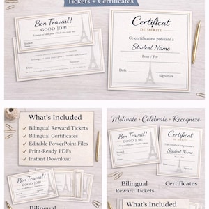 May include: A bundle of French classroom reward tickets and certificates. The design includes the Eiffel Tower and the words "Bon Travail!" and "Certificat de Mérite." Includes editable PowerPoint files and print-ready PDFs.