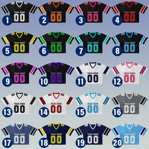 Puede incluir: Una colecci&oacute;n de veinte camisetas de f&uacute;tbol en varios colores, incluyendo negro, naranja, rosa, rojo, amarillo, verde, turquesa, azul, morado, blanco y gris. Cada camiseta tiene un n&uacute;mero diferente y el texto "TEAM NAME".