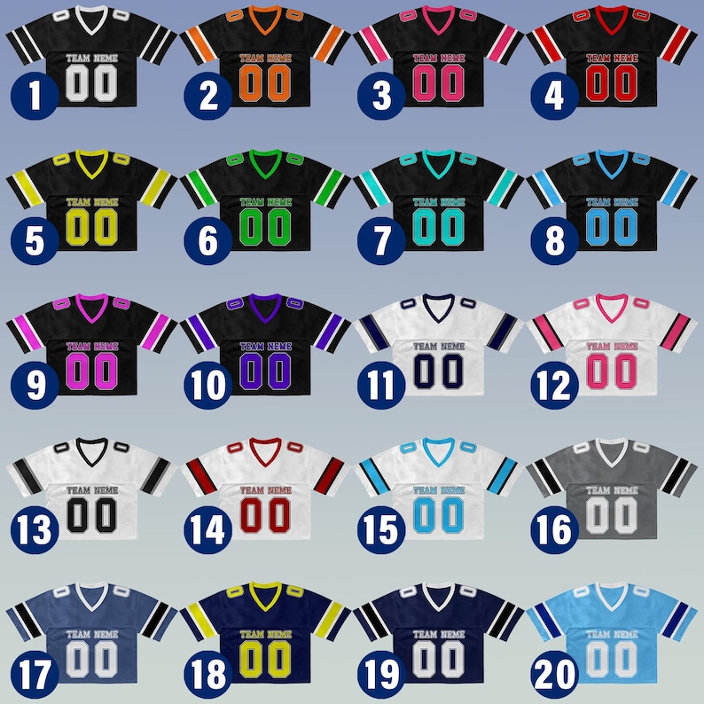 Puede incluir: Una colecci&oacute;n de veinte camisetas de f&uacute;tbol en varios colores, incluyendo negro, naranja, rosa, rojo, amarillo, verde, turquesa, azul, morado, blanco y gris. Cada camiseta tiene un n&uacute;mero diferente y el texto "TEAM NAME".