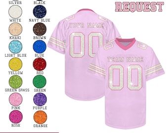 Camiseta de fútbol personalizada con brillo para mujeres y niñas, con nombre personalizado, lentejuelas cosidas y purpurina, ideal como regalo.