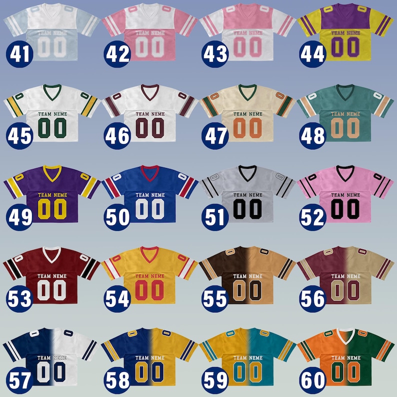 Puede incluir: Una colecci&oacute;n de camisetas de f&uacute;tbol americano en varios colores, incluyendo azul, rosa y dorado. Cada camiseta presenta el texto "TEAM NEME" y el n&uacute;mero "00". Las camisetas est&aacute;n dispuestas en filas y columnas, con cada una teniendo una combinaci&oacute;n de colores &uacute;nica.