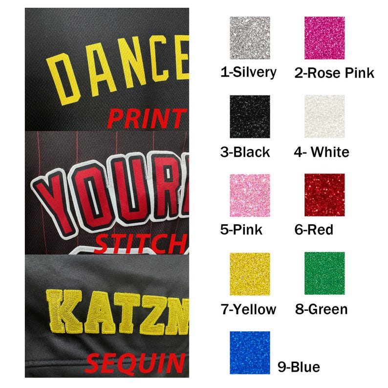 Puede incluir: Primer plano de muestras de tela con texto y muestras de color. El texto incluye "DANCE PRINT", "YOUR STITCH" y "KATZN SEQUIN". Las opciones de color son: plateado, rosa, negro, blanco, rosa, rojo, amarillo, verde y azul.