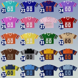 Puede incluir: Una colecci&oacute;n de cuarenta camisetas de f&uacute;tbol americano en varios colores, incluyendo turquesa, morado y naranja. Cada camiseta tiene cuello en V, el texto "TEAM NEME" y el n&uacute;mero "00". Las camisetas est&aacute;n dispuestas en filas y columnas.