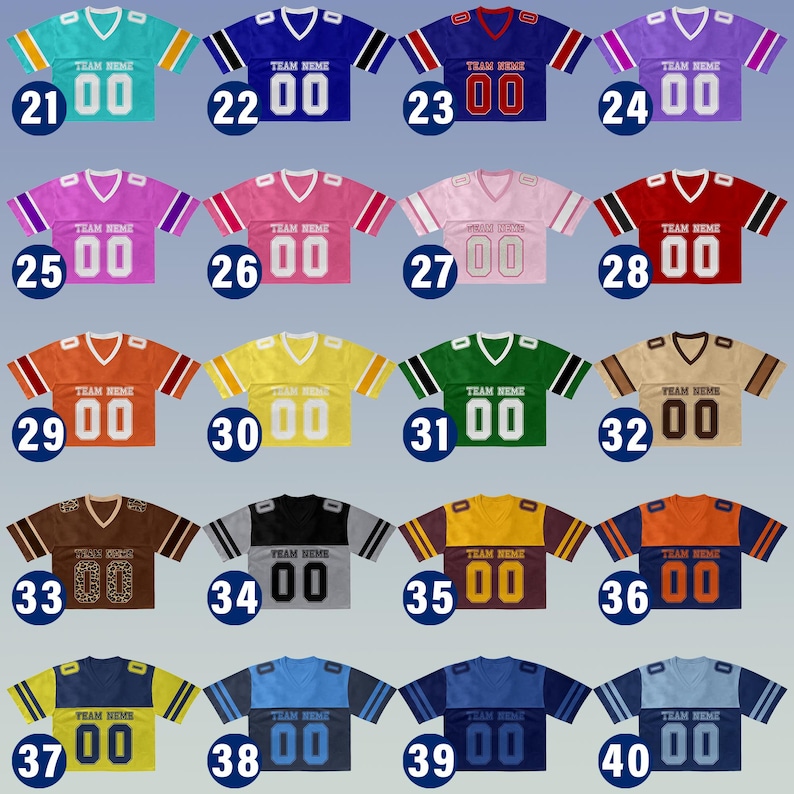 Puede incluir: Una colecci&oacute;n de cuarenta camisetas de f&uacute;tbol americano en varios colores, incluyendo turquesa, morado y naranja. Cada camiseta tiene cuello en V, el texto "TEAM NEME" y el n&uacute;mero "00". Las camisetas est&aacute;n dispuestas en filas y columnas.