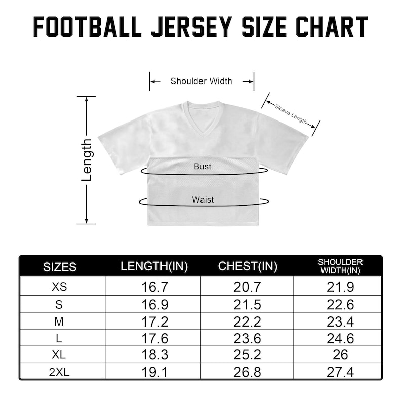 Puede incluir: Tabla de tallas de camisetas de f&uacute;tbol blancas con medidas en pulgadas. La tabla incluye tallas XS a 2XL, con las medidas correspondientes de largo, pecho y ancho de hombros. El texto "FOOTBALL JERSEY SIZE CHART" est&aacute; en la parte superior.