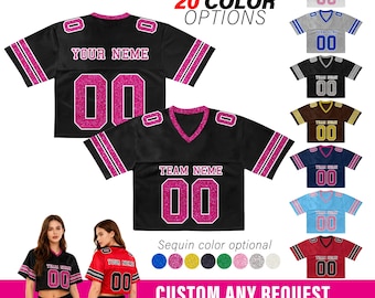 Custom Bling Crop Top Jersey for Women & Girls, Embroidered Cheer Football Jersey, Sparkly Shirt Glitter Football Tee Concert Outfit
