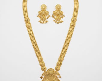 22-karaats vergulde Indiase Kosteck ketting en oorbellen set, traditionele bruidssieraden