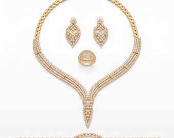 22-karaats vergulde Turkse sieradenset, kristallen ketting, armband, oorbellen en ring, bruidssieraden