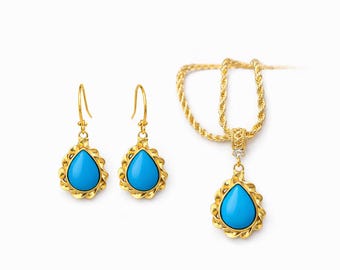 Turquoise Teardrop Jewelry Set – 22K Gold Plated Necklace & Earrings Set, , Elegant Gift for Her
