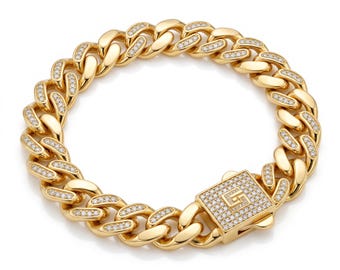 Vergulde Cubaanse schakelarmband met edelstenen (22 karaat)