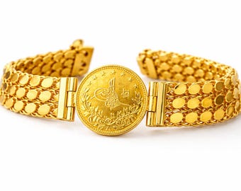 Pulsera de monedas chapada en oro de 22 quilates, joyería llamativa de triple fila estilo otomano