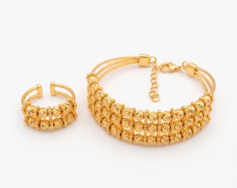 22-karaats vergulde Dorika kralenarmband en ringenset, verstelbare Turkse sieraden, one size fits all.