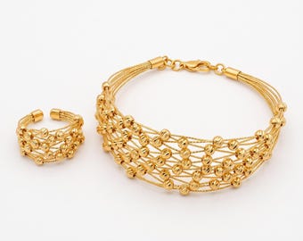 22-karaats vergulde Dorika kralenarmband en ringenset, verstelbare Turkse sieraden, one size fits all.