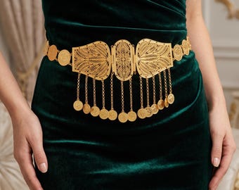 22 karaats vergulde Turkse muntenriem, traditionele Ottomaanse tailleriem, bruidshenna sieraden