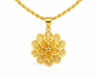 22K Gold Plated Floral Pendant, Handmade Filigree Necklace