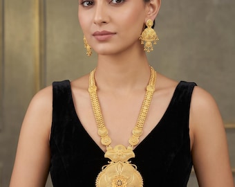 22-karaats vergulde Indiase Kosteck ketting en oorbellen set, traditionele bruidssieraden