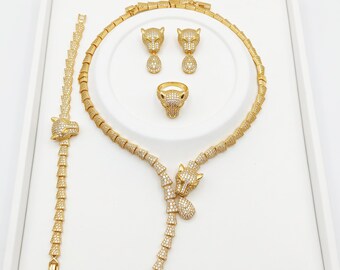 22-karaats vergulde panter sieradenset, ketting, armband, oorbellen en ring