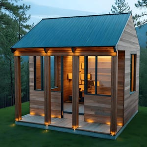 Puede incluir: Una pequeña cabaña de madera con techo de metal azul, situada en un bosque. La cabaña tiene grandes ventanas y un porche con iluminación cálida. El exterior está revestido con tablones de madera horizontales, creando una estética rústica.