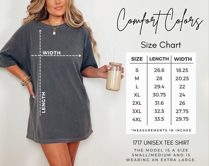 May include: A dark grey unisex tee shirt with a size chart. The chart shows measurements in inches for sizes S to 4XL. The shirt is labeled as a 1717 unisex tee shirt.