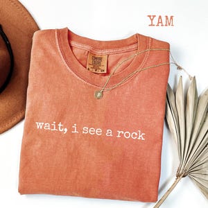 May include: A coral-colored t-shirt with the text "wait, i see a rock" in white. A gold necklace with a pendant is on the shirt. A brown hat and a dried palm leaf are in the background. The word "YAM" is at the top.