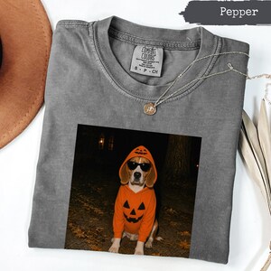 May include: A pepper-coloured t-shirt featuring a graphic print of a beagle dog wearing an orange pumpkin hoodie and black sunglasses. The shirt has a Comfort Colors label at the neck and is displayed with a gold-toned necklace and a brown hat.