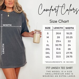 Comfort Colors 1717 unisex tee shirt size chart with measurements.