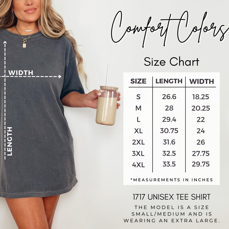 Comfort Colors 1717 unisex tee shirt size chart with measurements.