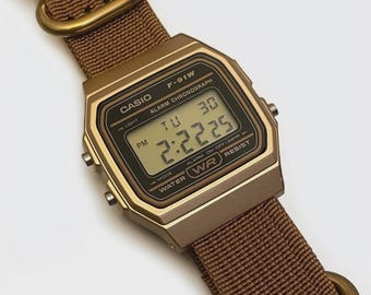 Custom Casio F-91W Watch, Gold Case, Brown Nylon NATO Strap
