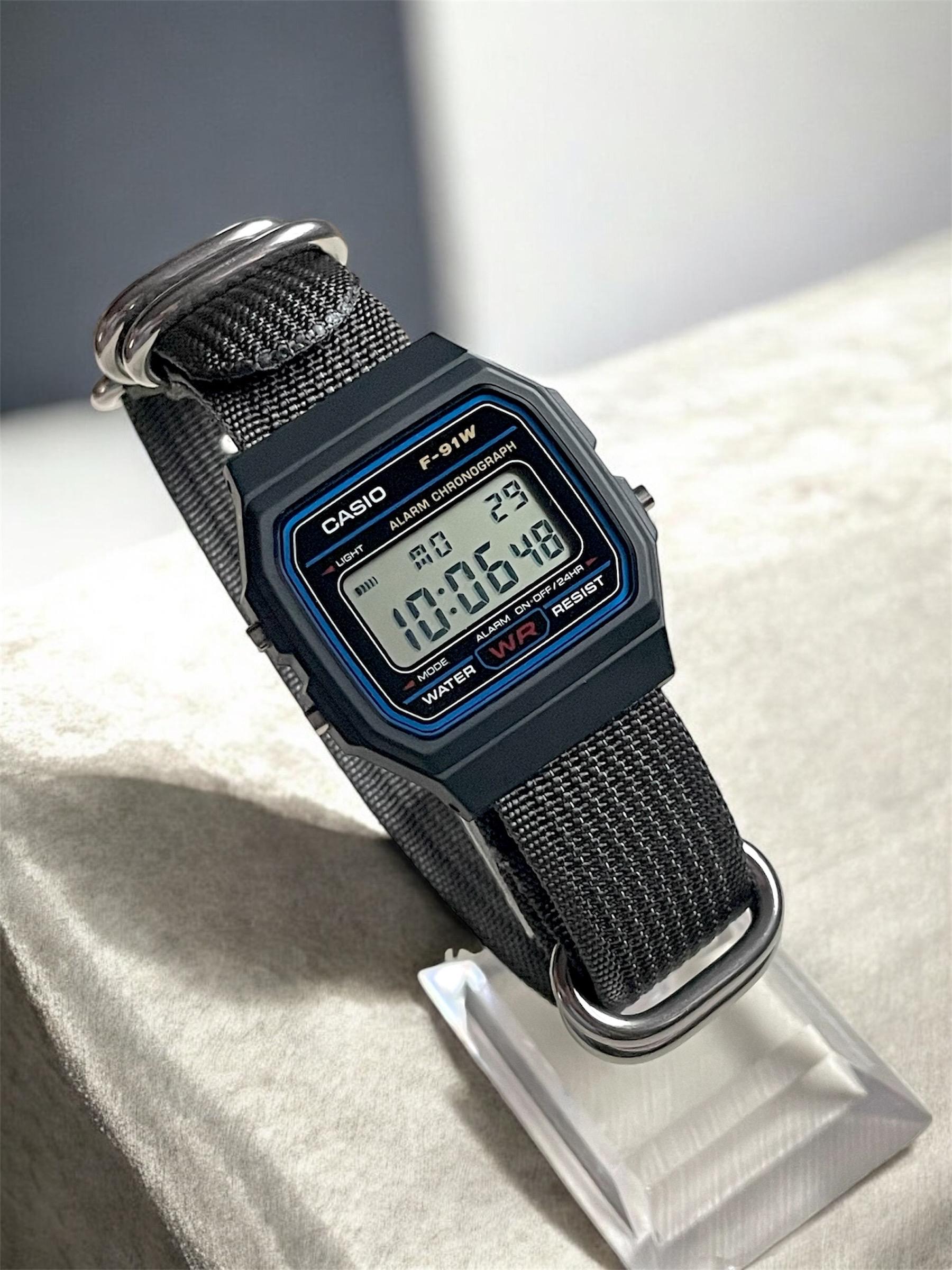 CASIO F-91WB ブラックサウナバンドカスタム＋aw グレーバンド Custom Casio F-91W Black Digital Watch – Grey Nylon Strap - Etsy
