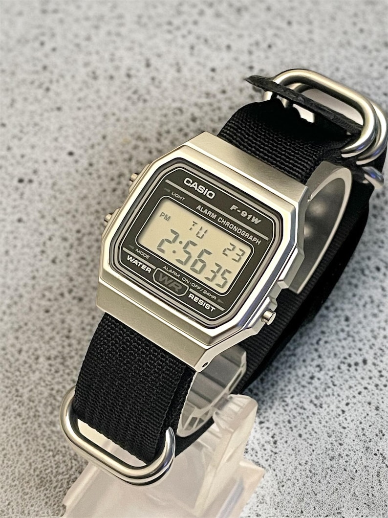 Casio F91W Silver Digital Watch, Black Nylon Strap, Custom Retro Watch image 11