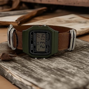 Custom Casio F-91 Green Digital Watch – Brown Nylon Strap image 11
