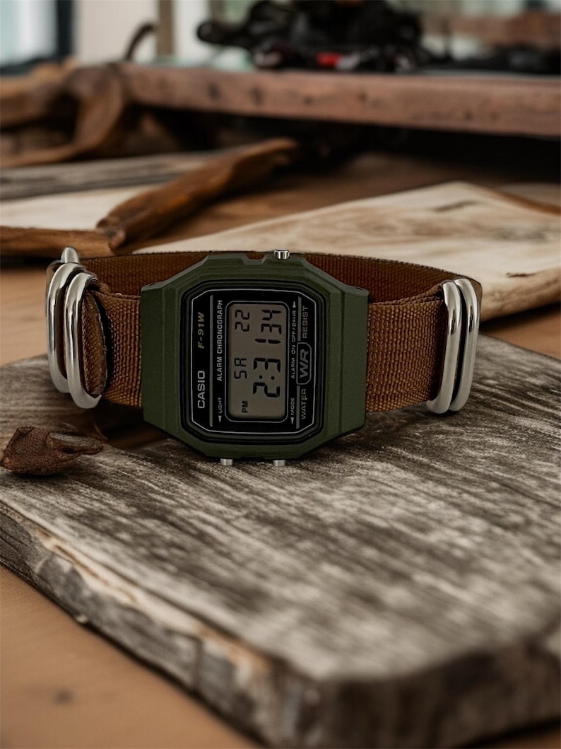 Custom Casio F-91 Green Digital Watch – Brown Nylon Strap image 11