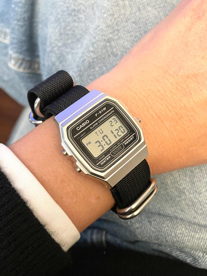 Casio F91W Silver Digital Watch, Black Nylon Strap, Custom Retro Watch image 13