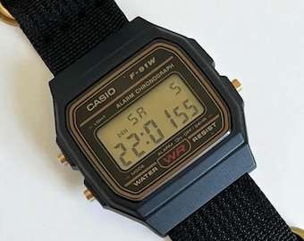 Custom Casio F-91 Black Digital Watch – Black Nylon Strap, Gold Buckle