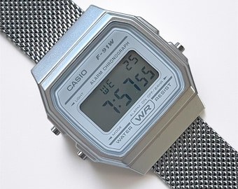 Custom Casio F-91 White Digital Watch – Silver Mesh Band