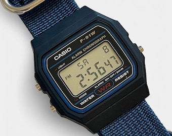 Custom Casio F-91W with Blue Nylon NATO Strap - Retro Digital Mod
