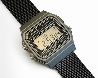 Custom Casio F-91 Gunmetal Dark Silver Digital Watch – Black Metal Band