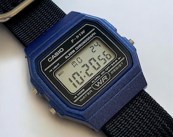 Custom Casio F-91 Blue Digital Watch – Black Nylon Strap