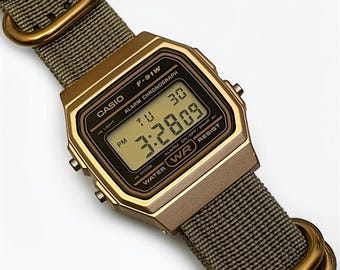 Custom Casio F-91W Watch, Gold, Army Green NATO Strap