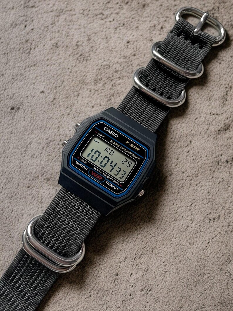 Casio F91W Mod Watch, Gray Nylon Strap, Black Digital Watch - Etsy
